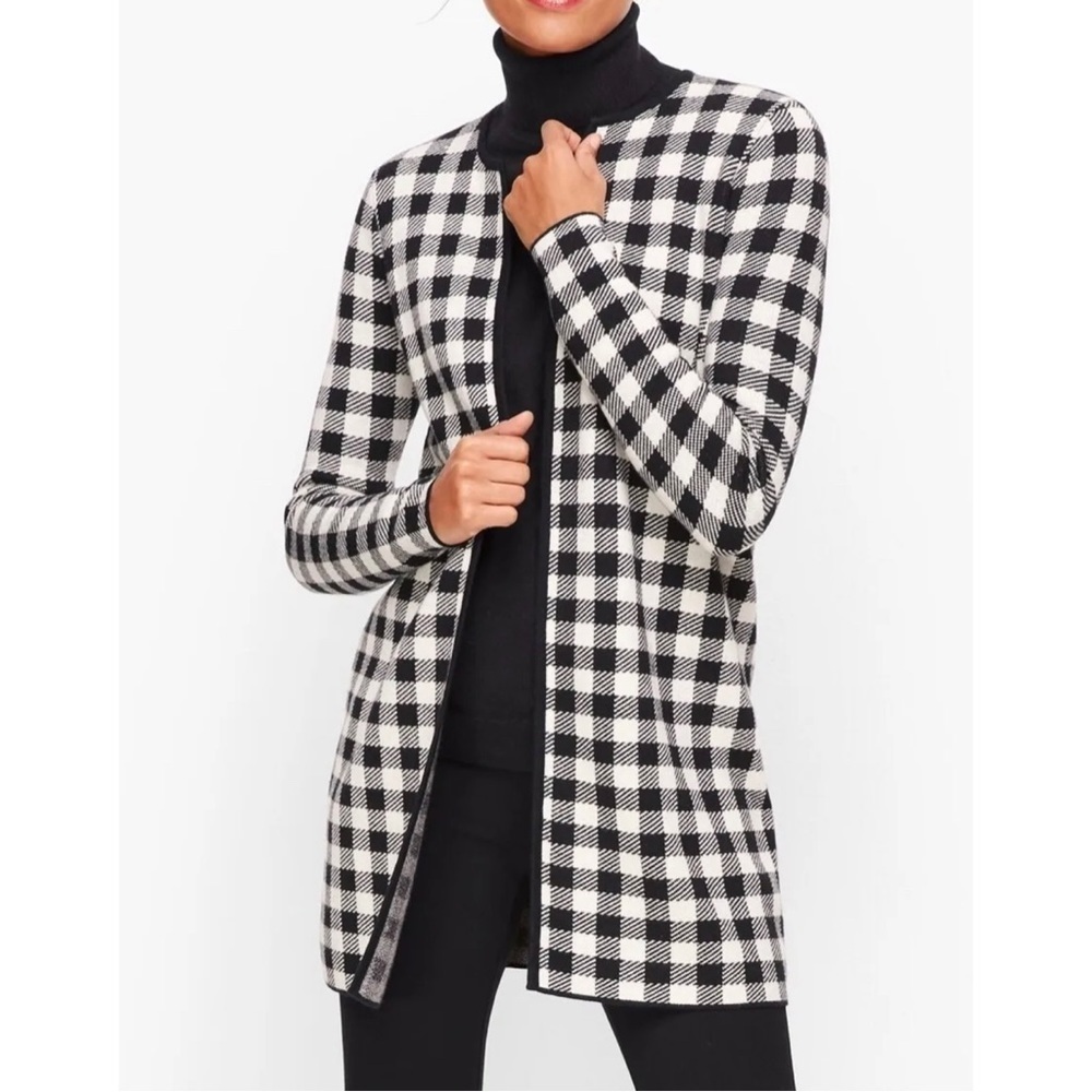 Talbots Womens Sz L Wool Black Buffalo Plaid Check Sweater Cardigan Duster